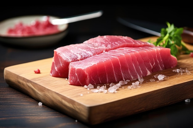 Sashimi de thon sur planche à découper Thon frais cru sur table en bois vue rapprochée d'un steak de thon cru frais sur la coupe générée par l'IA