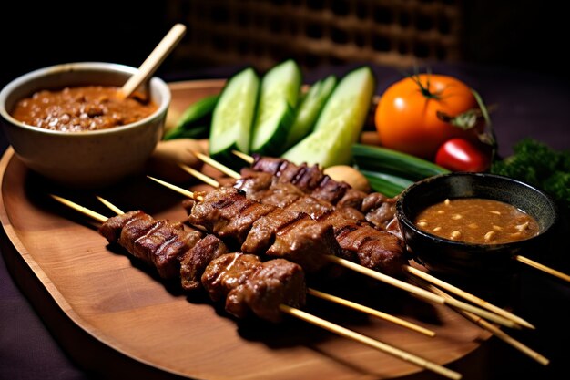 Satay avec sauce d'arachide et salade de concombre sur une table sombre sous la lumière chaleureuse du soir