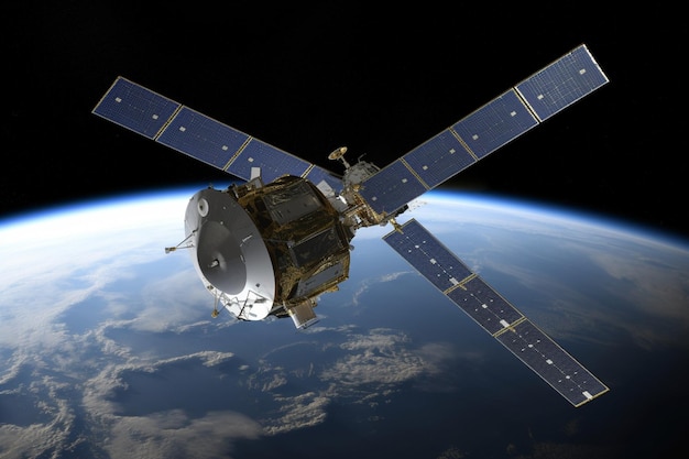 Un satellite en orbite avec la planète en arrière-plan.