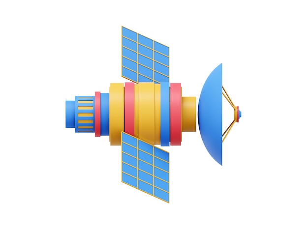 Satellite spatial avec une antenne Station de communication orbitale recherche sur le renseignement rendu 3D icône multicolore sur fond blanc