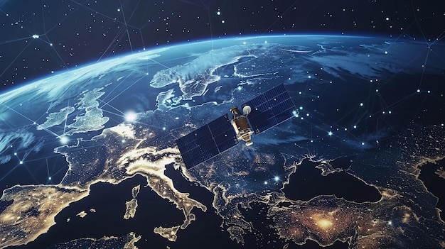 Satellite spatial en orbite autour de la Terre Satellite dans l'espace en orbite terrestre basse Communication de données dans le monde entier