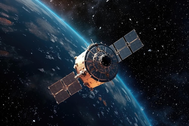 Satellite spatial se déplaçant à l'extérieur de l'espace avec la planète Terre en arrière-plan orbite satellite générative Ai