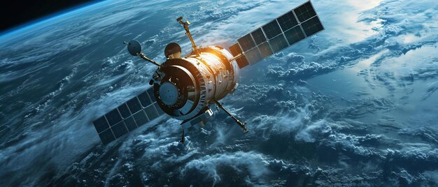 satellite de télécommunication en orbite autour du globe terrestre avec une technologie futuriste