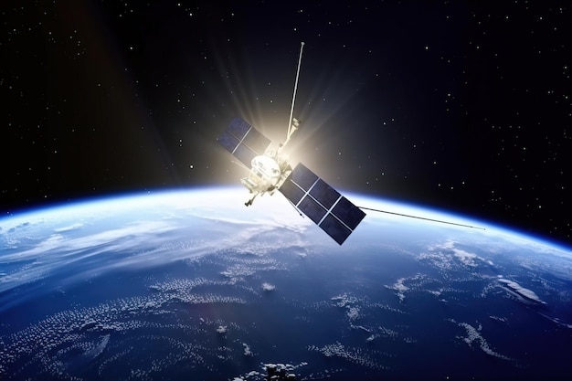 Le satellite vole en orbite autour de la planète Terre sur fond de planète générée par l'IA