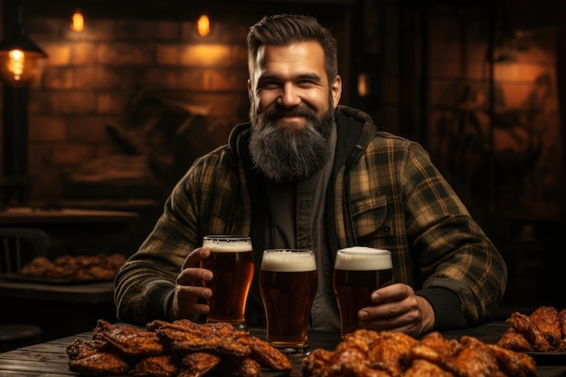 Satisfaction sur le robinet Un client souriant avec une bière à la main profitant de l'atmosphère du pub avec un côté de délicieuses ailes de poulet battues à la bière