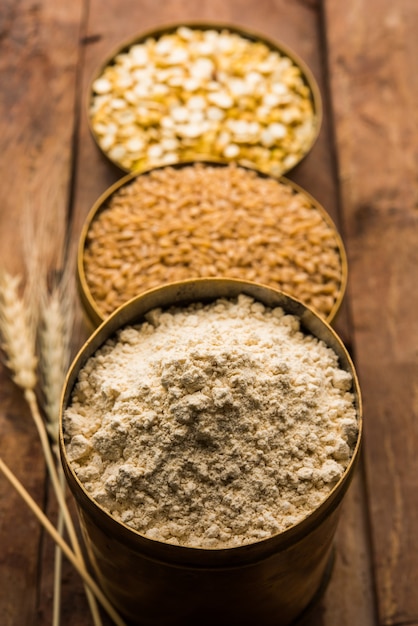 Sattu est une farine, mélange de légumineuses moulues grillées et de céréales. Complément alimentaire traditionnel et nutritionnel d'Inde. Servi sur fond de mauvaise humeur. mise au point sélective