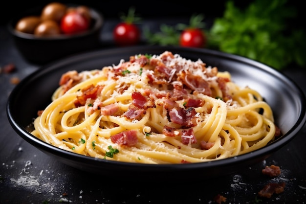 Sauce alimentaire italienne spaghettis carbonara viande pâtes bacon fromage repas IA générative