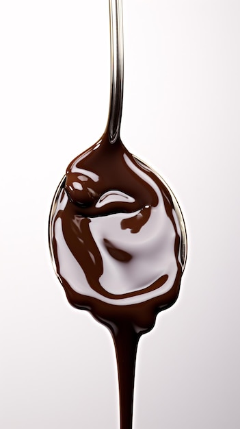 Sauce au chocolat succulent dégoulinant de cuillère en argent sur fond blanc Stark