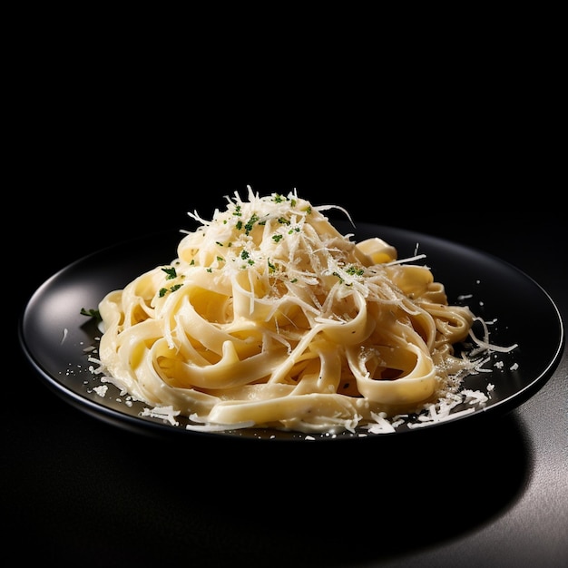 Sauce au fromage crémeuse de pâtes servir dans une assiette blanche avec fond de table en bois noir