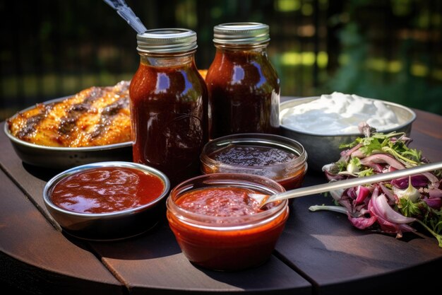 Photo sauce barbecue et marinades à côté du grill créées avec une ia générative