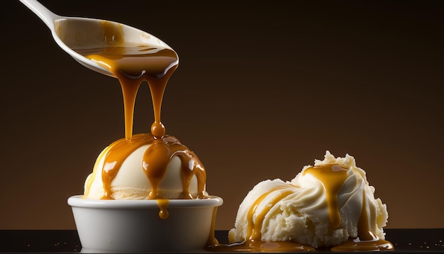 Sauce caramel sur glace vanille. IA générative.