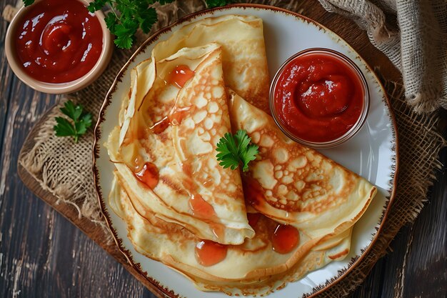 Sauce et condiments sur les crêpes vue de haut