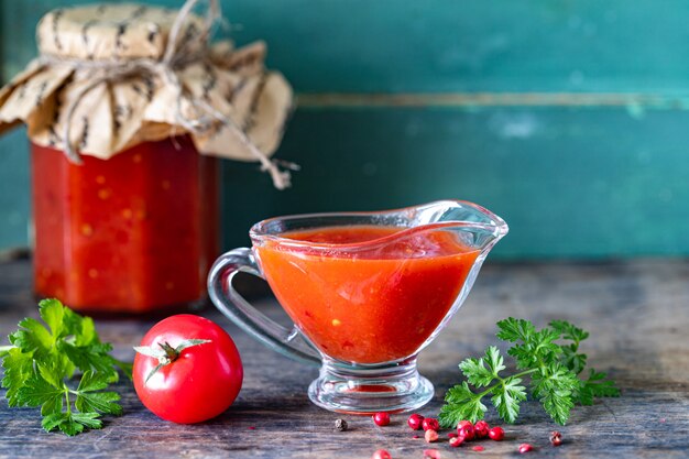 Sauce maison à base de tomates rouges mûres dans des bocaux en verre. Copier l'espace