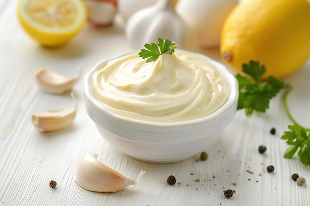 Sauce mayonnaise dans un bol de céramique blanc et ingrédients sur fond de bois blanc