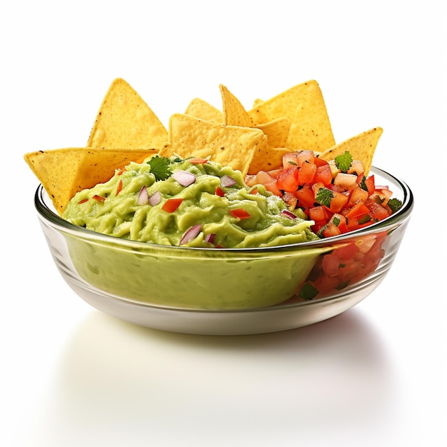 Sauce mexicaine guacamole biologique végétarienne saine servie dans un bol en verre avec des nachos ou une tortilla