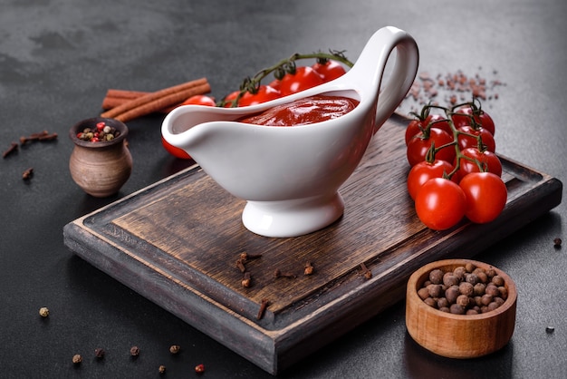 Sauce rouge ou ketchup dans un bol et ingrédients pour la cuisson