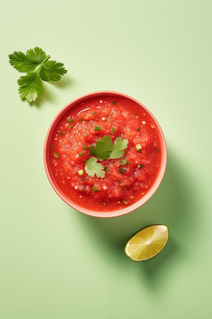 Sauce salsa dans un bol avec du citron vert en gros plan