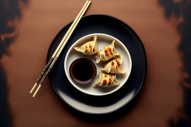 La sauce soja aux baguettes et les boulettes de gyoza frites sont ciblées de manière sélective