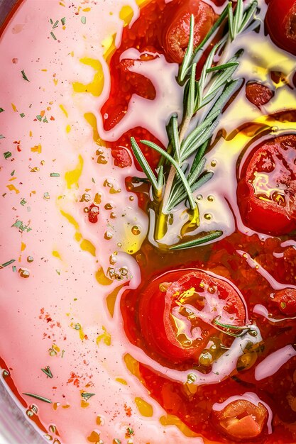 Photo sauce de soupe au poivre rouge de tomate avec de l'huile d'olive, du romarin et du paprika fumé