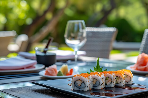Photo sauce de table à sushi servie en plein air
