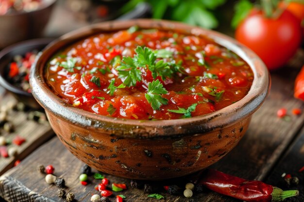 Photo la sauce tkemali est faite à partir de prunes acides, d'herbes, d'épices et de condiments polyvalents.