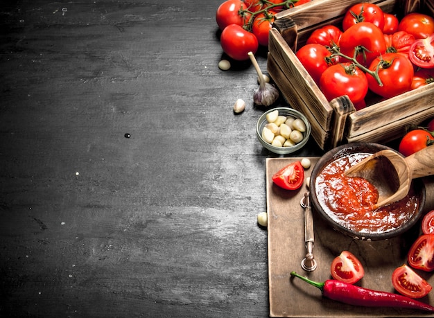 Sauce tomate aux épices, piment fort et ail. Sur tableau noir.