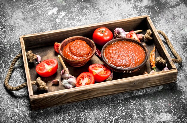 Sauce tomate aux herbes, épices et ail sur plateau en bois.