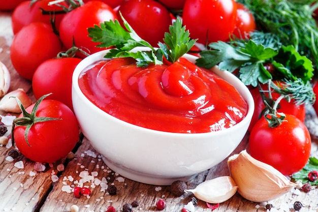 Sauce tomate aux herbes et épices mise au point sélective