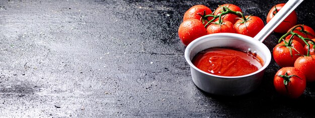 Sauce tomate aux tomates fraîches mûres sur une branche