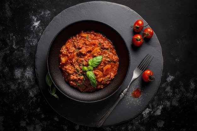 La sauce tomate bolognaise généralement faite avec du boeuf haché se trouve dans un plat noir sur un fond en ardoise ou en béton Une perspective à vol d'oiseau avec de la place pour la copie