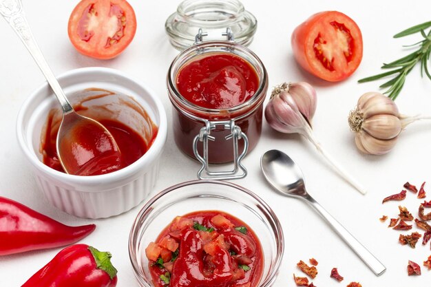 Sauce tomate dans un bol en verre. Poivre, tomates et ail sur table. Fond blanc. Vue de dessus