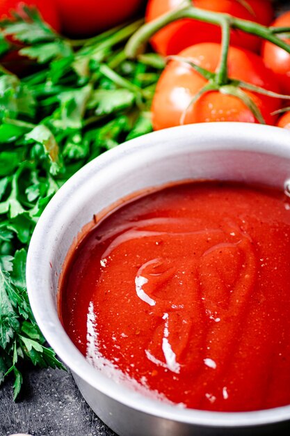 Photo sauce tomate dans un rouleau de sauce au persil