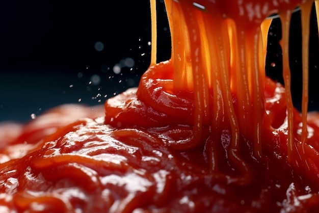 La sauce tomate est versée lentement sur les spaghettis