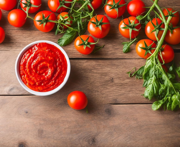 Photo sauce tomate ketchup et ingrédients sur une vue de dessus de fond en bois