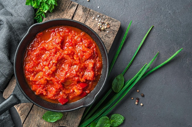 Sauce tomate maison classique et herbes fraîches sur fond sombre Cuisine italienne