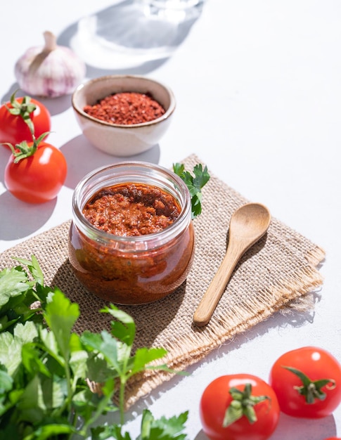 La sauce tomate maison est un apéritif avec des tomates et des piments forts dans un bocal sur fond clair avec des herbes fraîches et des légumes