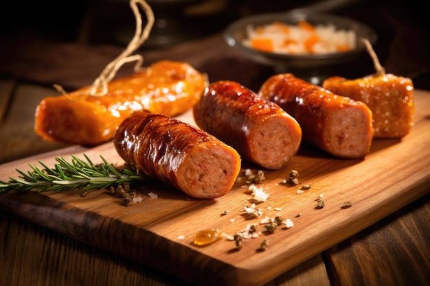 Saucisse artisanale fraîchement faite sur une planche de bois créée avec de l'AI générative