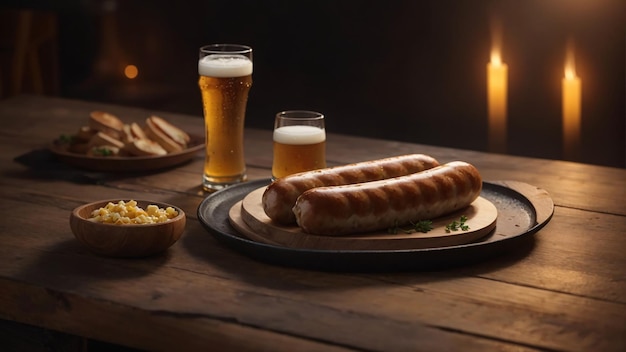 Saucisse Bratwurst sur une assiette avec une pinte de bière froide Oktoberfest