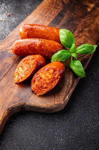 saucisse chorizo collation épicée repas collation alimentaire sur la table copie espace arrière-plan alimentaire