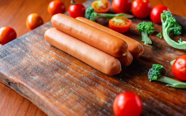 Saucisse crue sur une planche à découper en bois avec brocoli et tomates