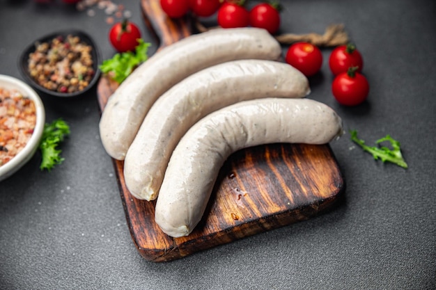 Photo saucisse crue saucisses weisswurst blanches repas d'épices collation alimentaire sur la table copie espace alimentaire