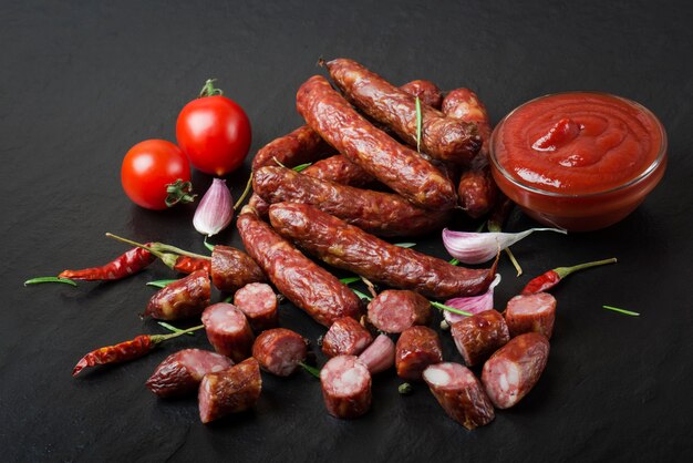 Saucisse fumée au romarin, poivre, tomates et ail sur fond noir.