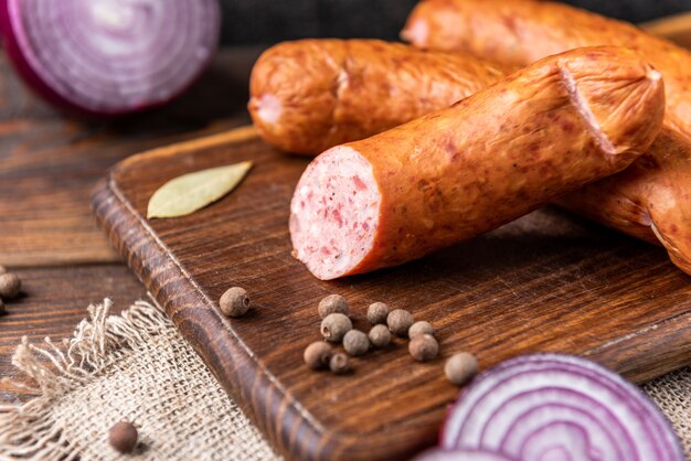 Saucisse fumée aux épices sur une planche de bois