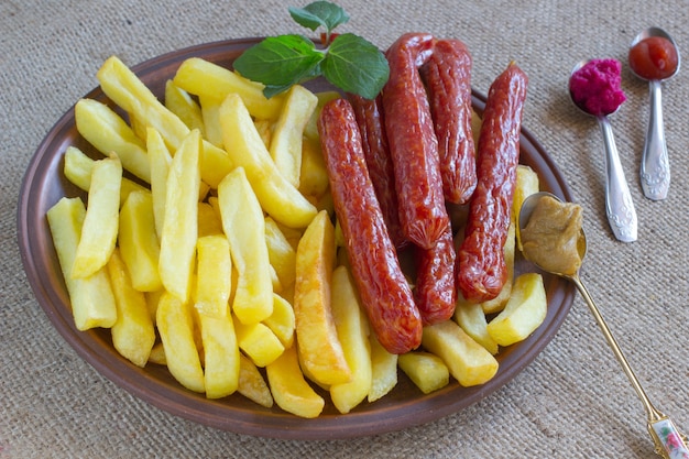 Photo saucisse fumée et frites sur l'assiette