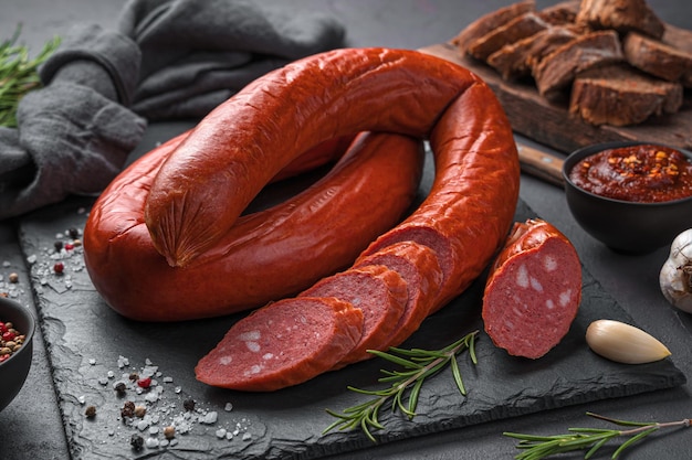 Saucisse fumée avec morceaux tranchés sur une ardoise avec romarin, ail et épices. Vue latérale, gros plan.