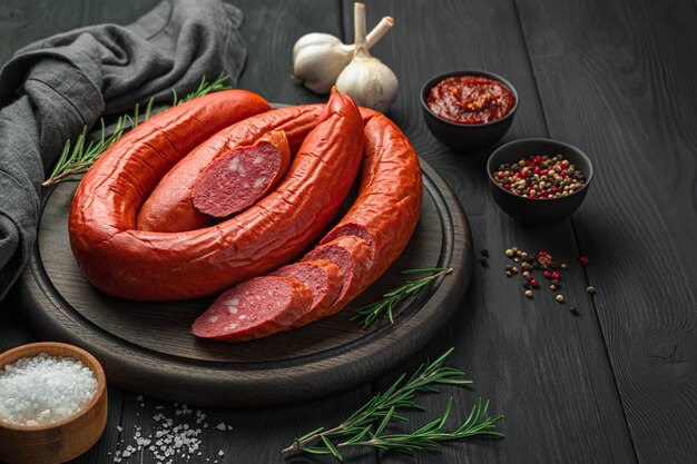 Saucisse fumée sur une planche à découper avec des morceaux tranchés, du romarin et des épices sur fond sombre. Vue latérale, copiez l'espace. Antipasti.