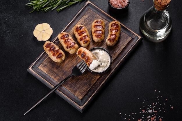 Saucisse grillée avec ajout d'herbes et de légumes sur fond sombre