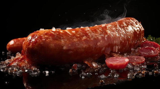 Photo saucisse grillée en gros plan avec sauce barbecue fondue sur fond noir et flou