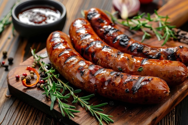 Saucisse grillée avec des herbes et des épices sur fond de bois