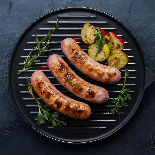 Saucisse grillée avec des herbes et des légumes sur une plaque de gril pour les médias sociaux